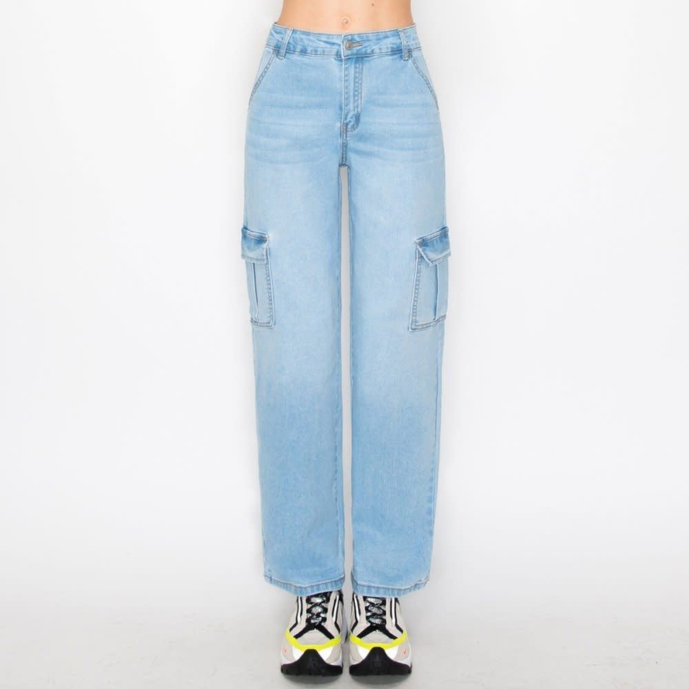 Wax Jean - Women&#39;s Cargo Long Denim Slanted Pocket Jean - 90337 , Color: LIGHT, Size: 1