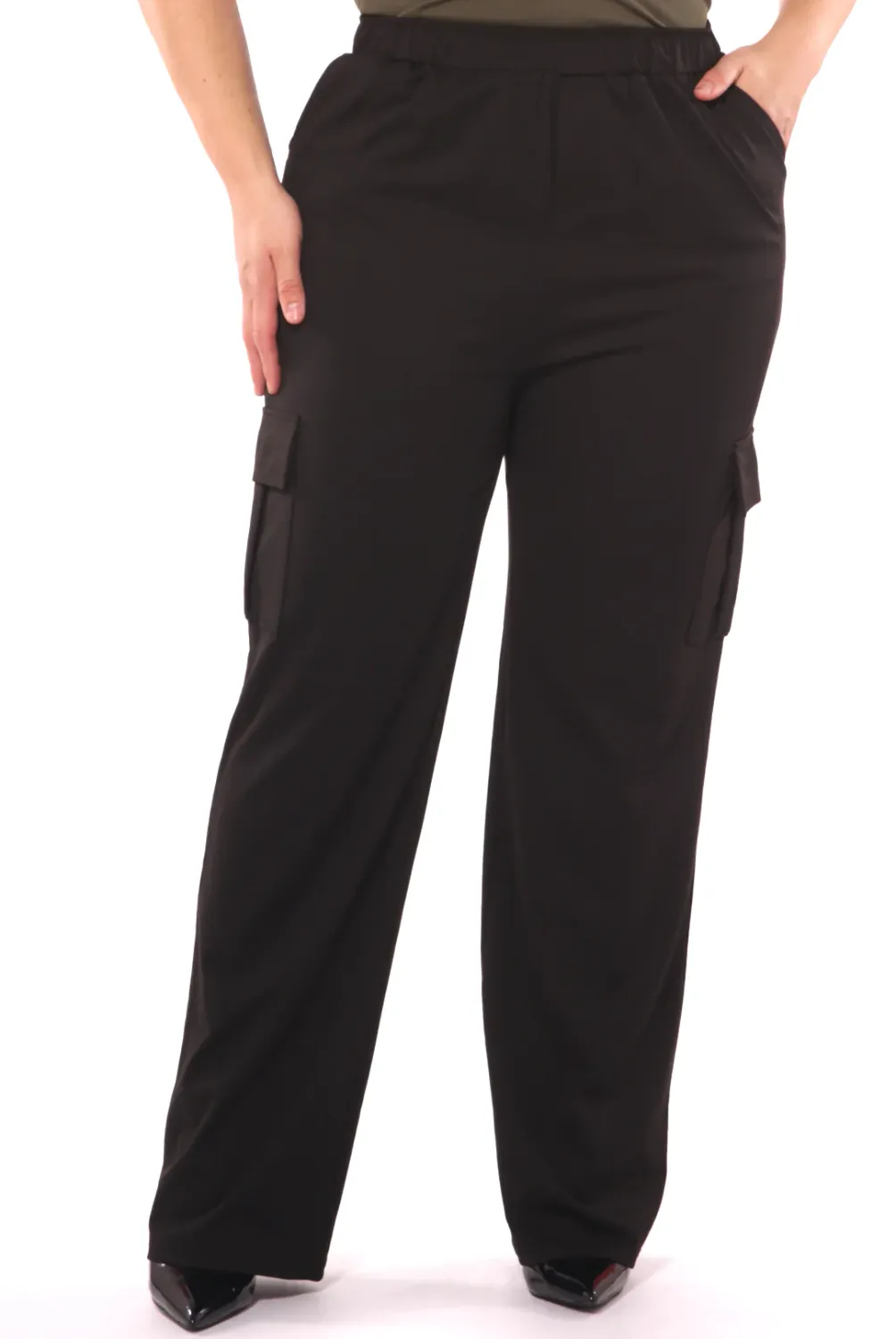 WOMEN PLUS HIGH-RISE STRAIGH LEG CARGO PANTS- X23SLP33, Color: BLACK, Size: 1X