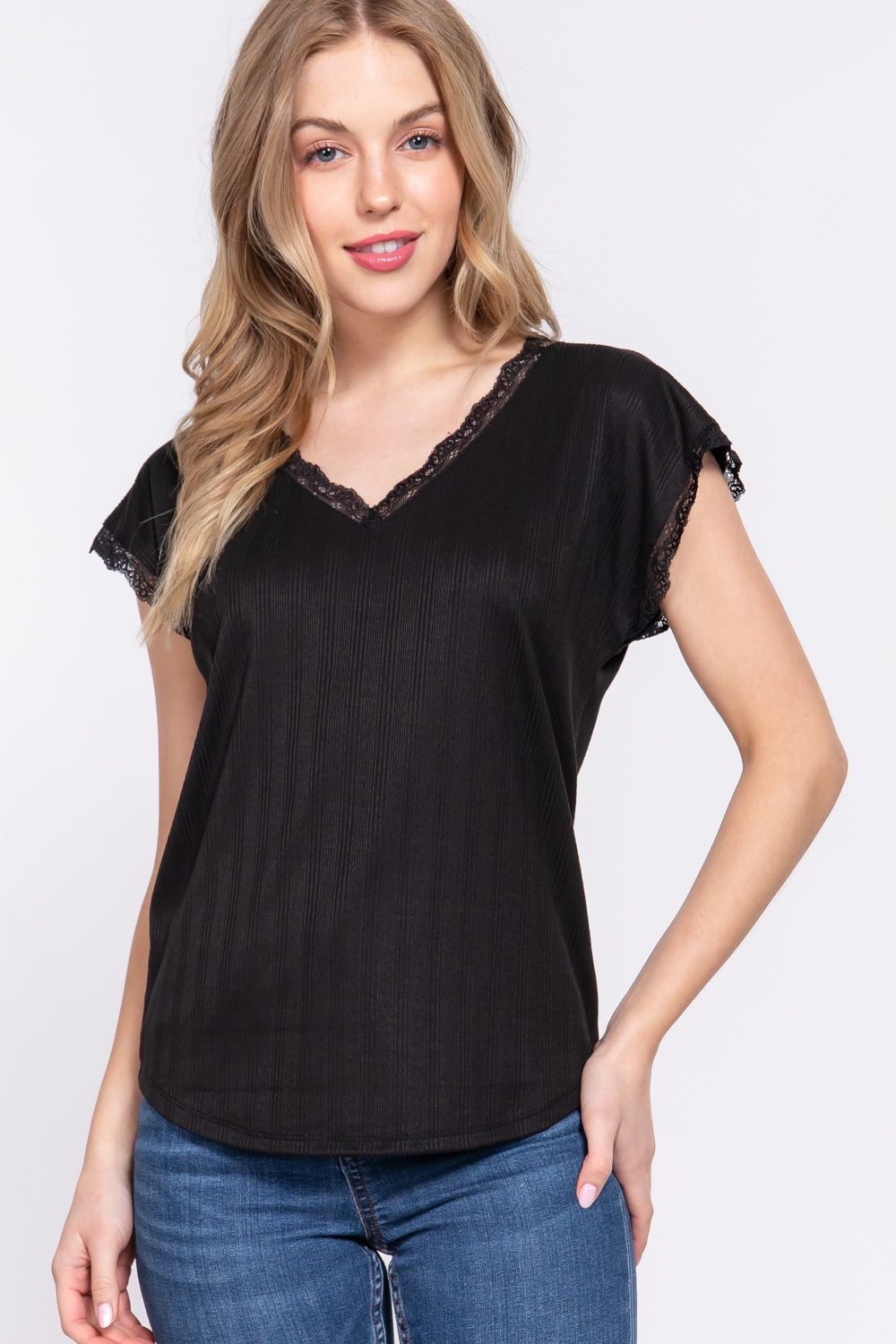 Active USA - Women’s Dolman Sleeve  V-Neck Lace Top  -T13466
