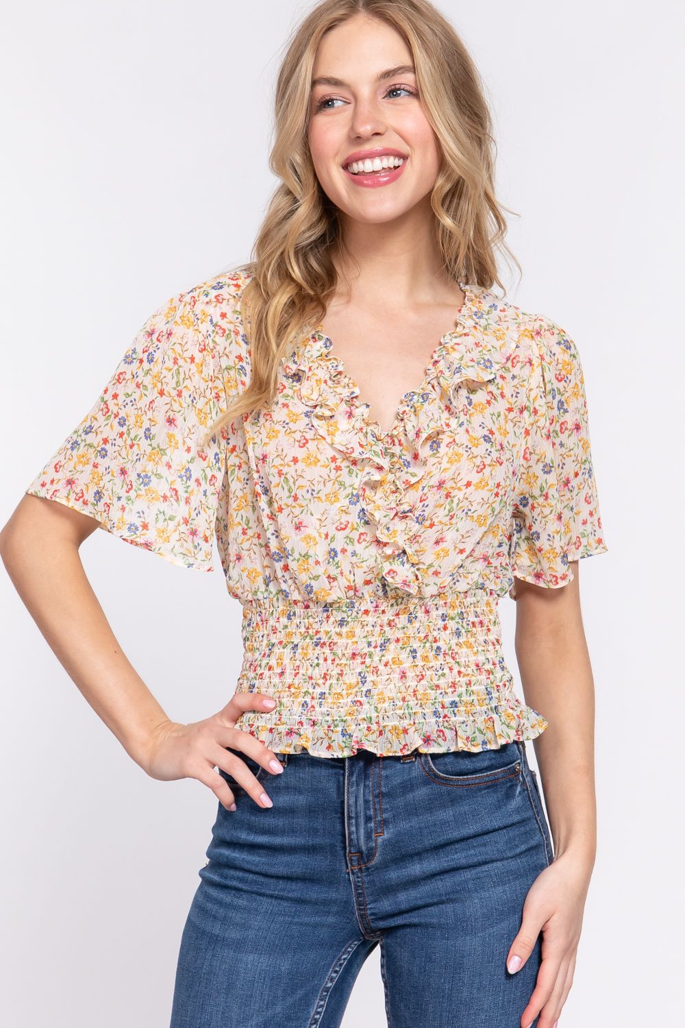 Active USA - Women’s Flutter Sleeve Smocked Chiffon Blouse - T13529