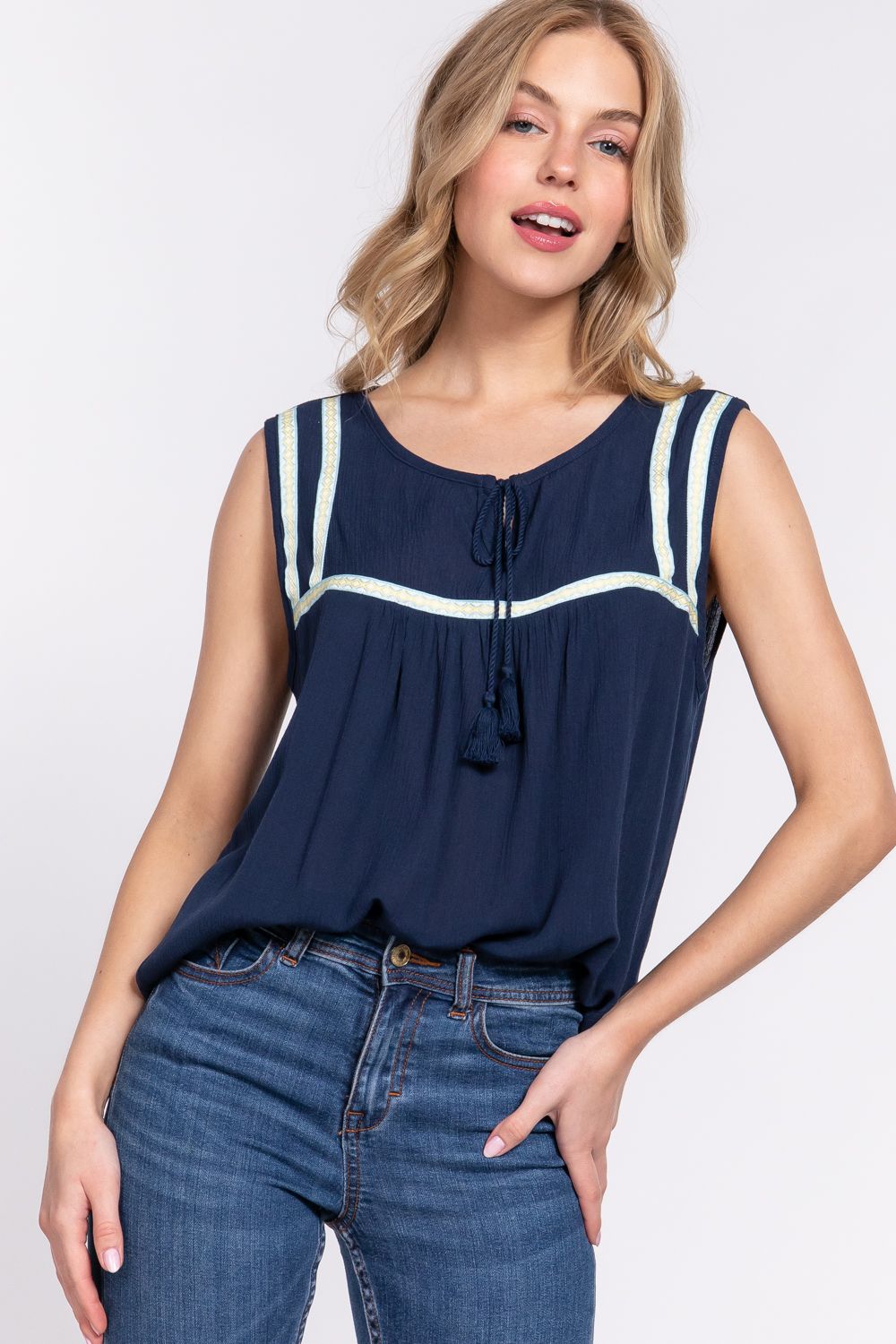 Active Usa WOMEN SLEEVELESS EMBROIDERED TOP-T13513, Color: NAVY, Size: S