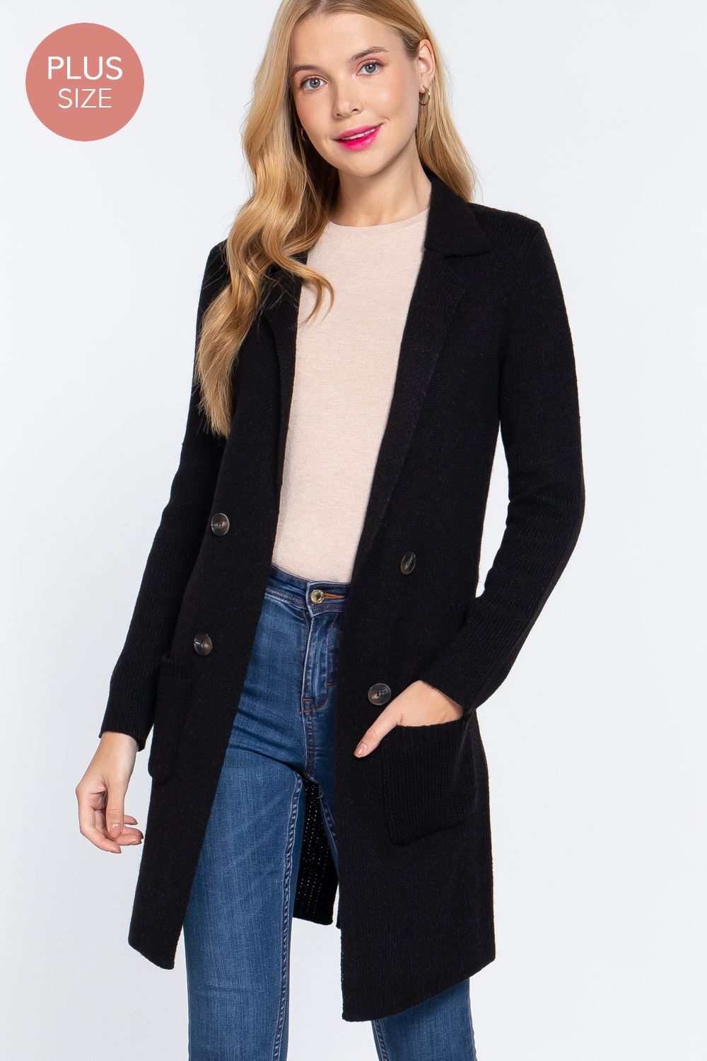 Active USA - Women&#39;s Long Slv Sweater Jacket PLUS- J72027, Color: BLACK, Size: XL