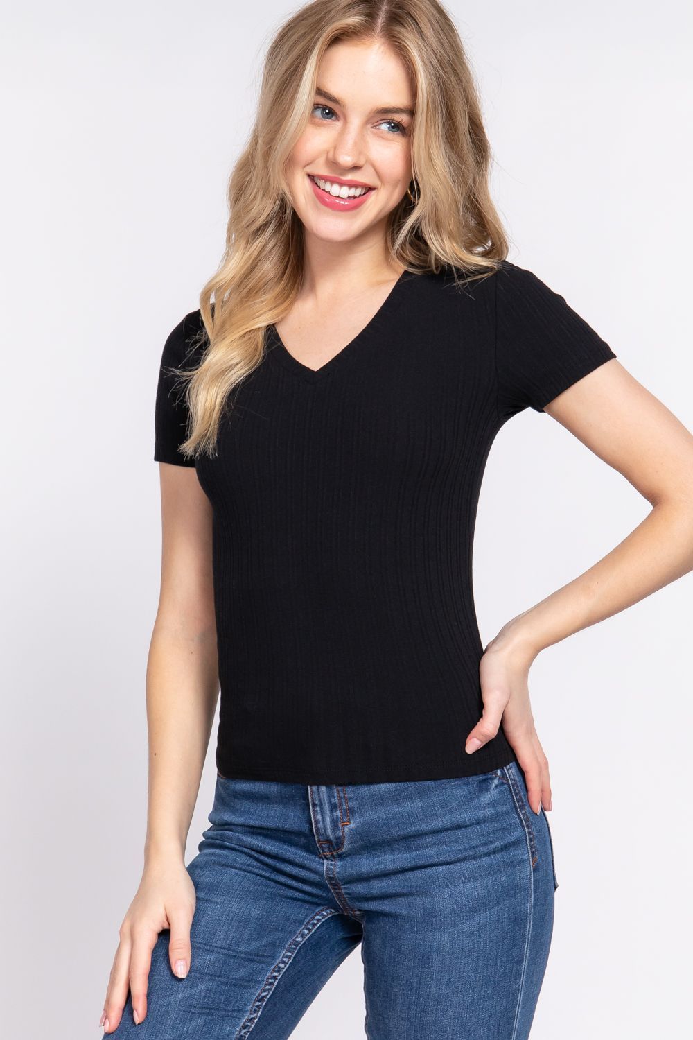 Active USA - Women’s Short Sleeve V-Neck Variegated Rib Knit Top - T13599, Color: BLACK, Size: S