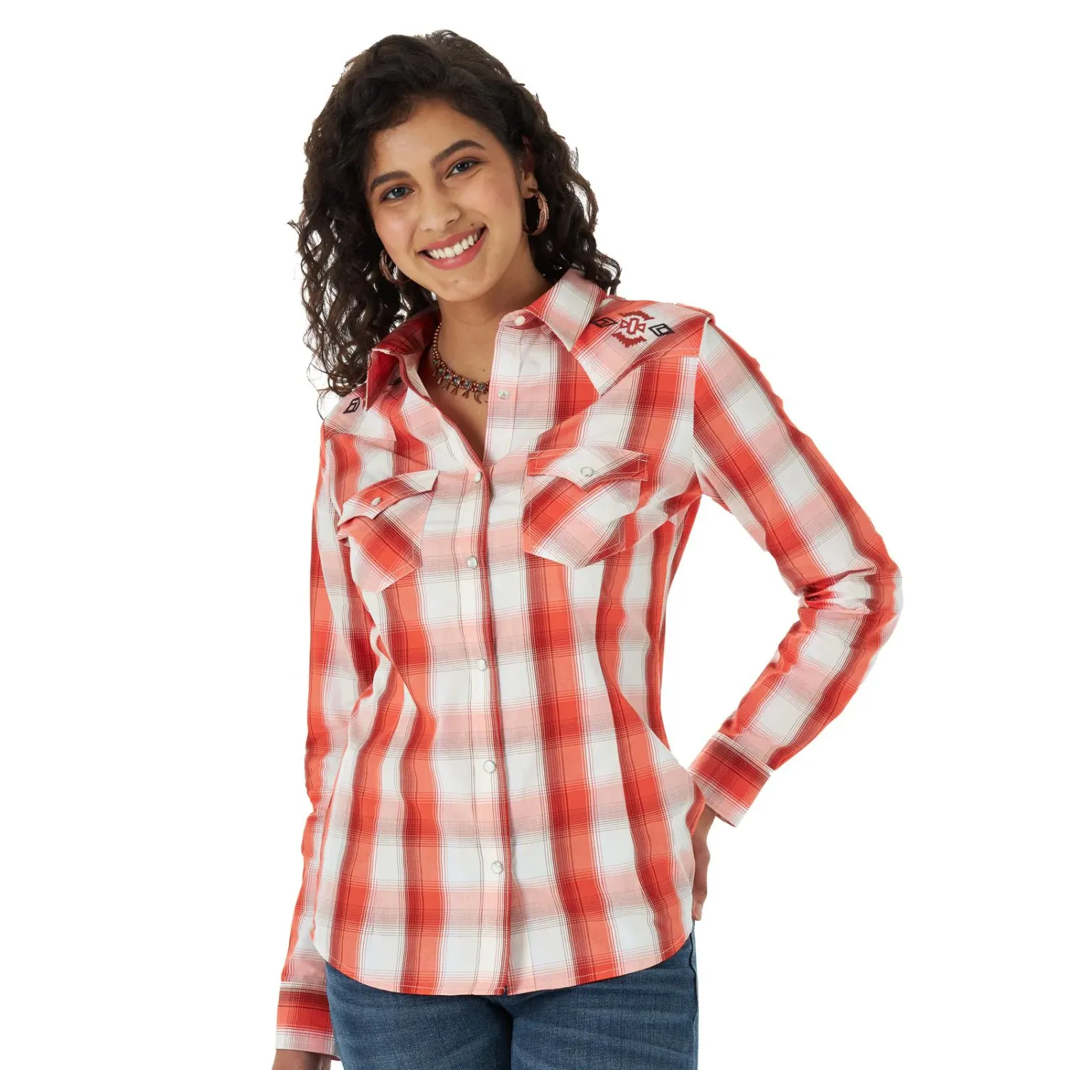 Wrangler - Women&#39;s Retro Long Sleeve Embroidered Yoke Plaid Top - LW5014M