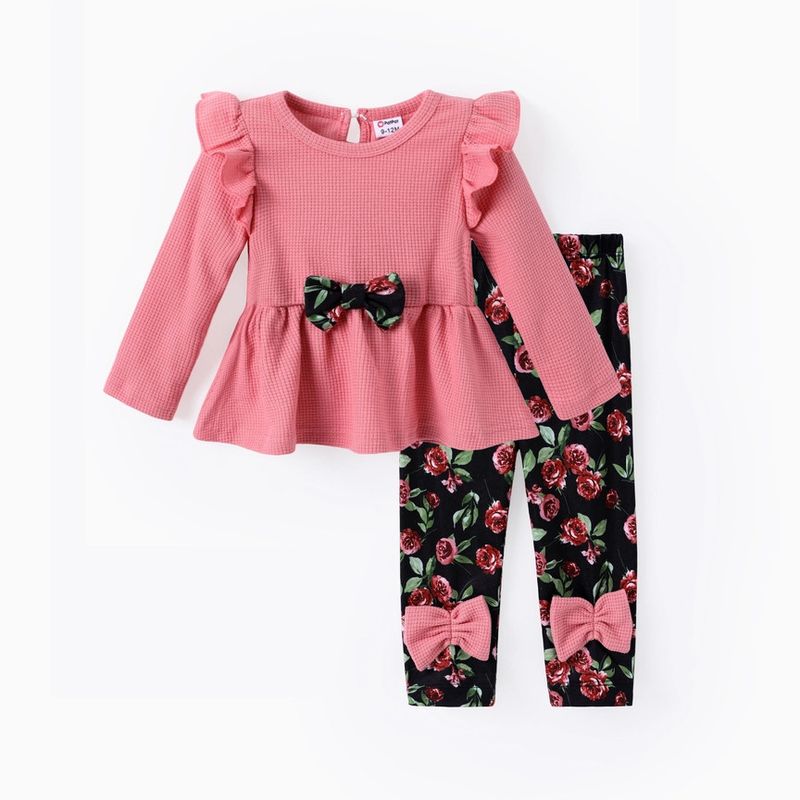 Baby Girl 2pcs Ruffled Top and Floral Leggings Set - 17474532