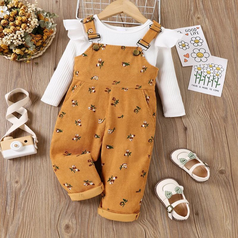 2Pc Toddler Girl Buttoned and Broken Flower Overall - 17455164