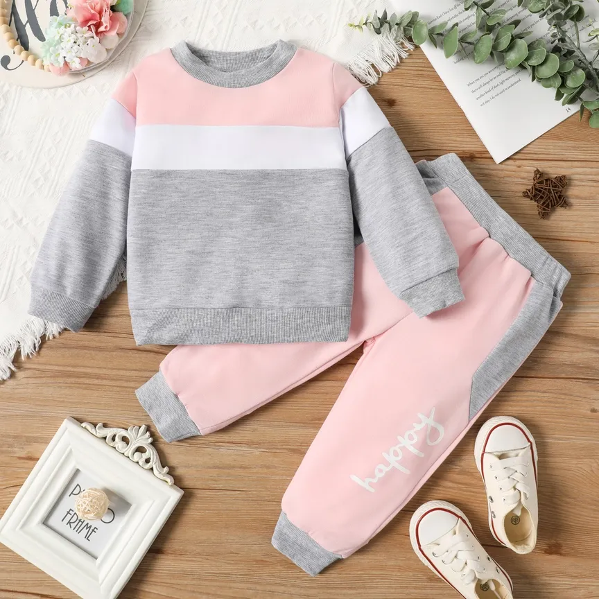 2pcs Trendy Colorblock Top &amp; Pant Set For Toddler Girl - 17438866