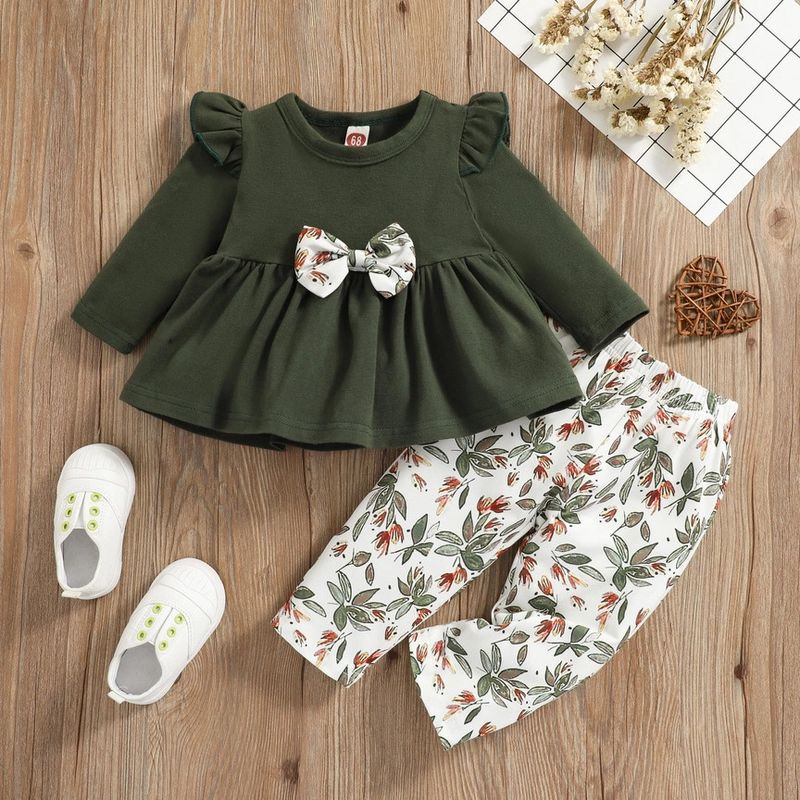 2pcs Baby Dark Green Cotton Top &amp; Trousers Set - 17369284