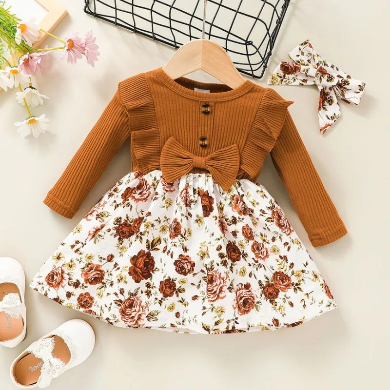 BABY SOLID LONG SLEEVE FLORAL DRESS SET 17371063
