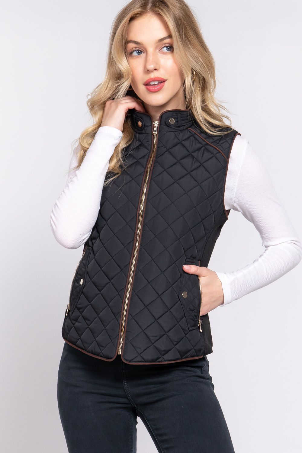 Active USA - Suede Piping Quilted Paddin Vest - J13542, Color: BLACK, Size: S