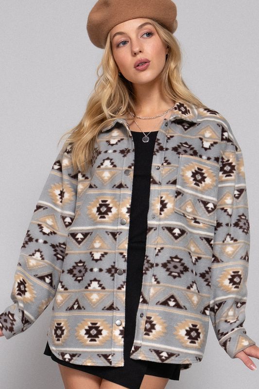 Active USA- Long Sleeve Printed Fleece Shacket -J14024