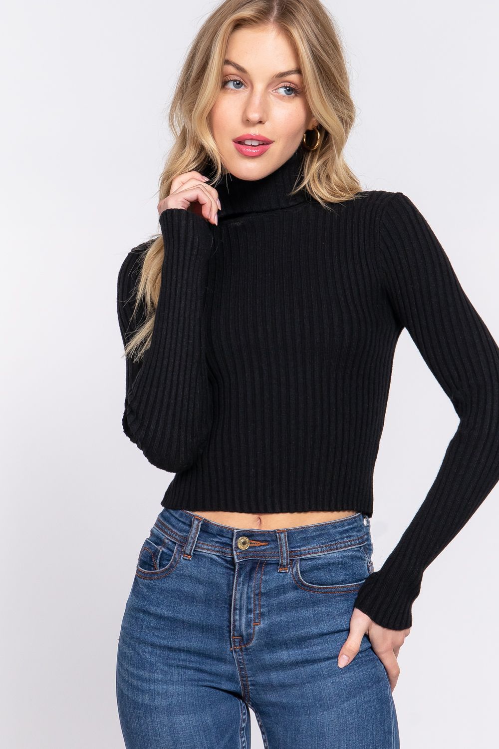 Active USA - Long Sleeve Turtle Neck Fitted Crop Rib Sweater - SW13557