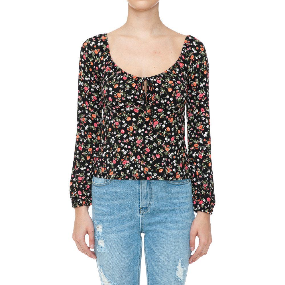 Ambiance Ditsy Floral Print Long Sleeve Peasant - 74647-1, Color: BLACK, Size: S