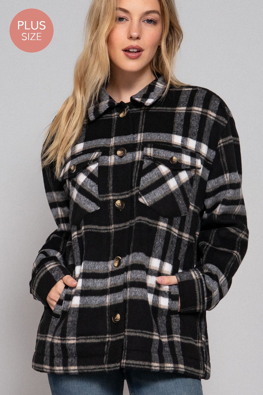 Active USA -Women&#39;s PLUS Inner Faux Fur Brushed Plaid Jacket Plus - J72524