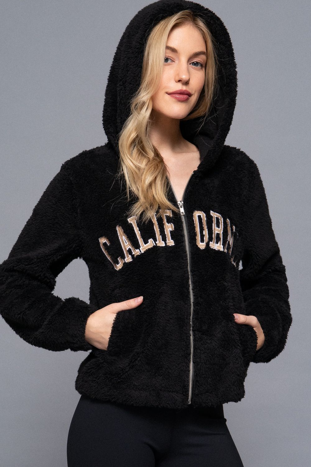 Active USA - California Embroidery Hooded Faux Fur Jacket - J14103