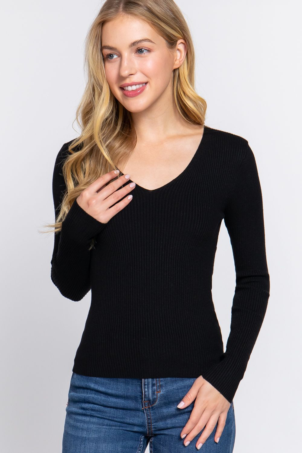 Active USA - V-Neck Viscose Rib Sweater - SW11709, Color: BLACK, Size: S