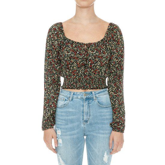 Ambiance Ditsy Floral Long Sleeve Peasant - 74653-1, Color: BLACK/RED, Size: S