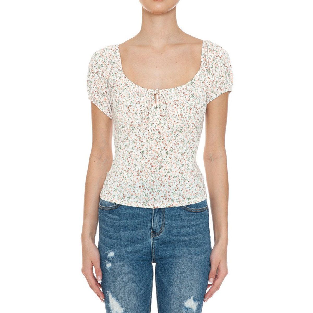 Ambiance Floral Print Sweetheart Puff Sleeves Top - 74186-1, Color: WHITE, Size: S
