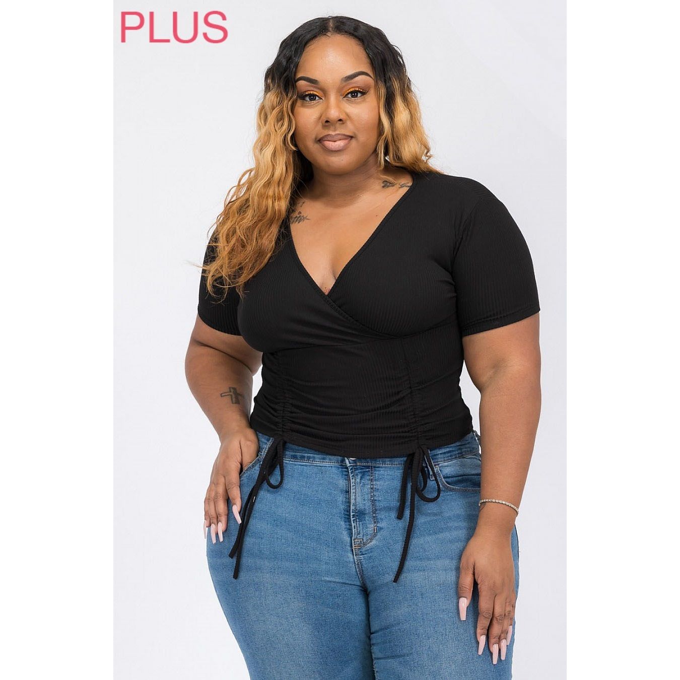 WOMEN PLUS RIBBED RUCHED DRAWSTRING STYLE BT3335X