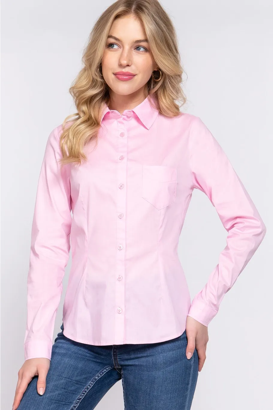 ACTIVE USA WOMEN LONG SLV  BUTTON DOWN STRETCH SHIRT T13460, Color: PINK, Size: S