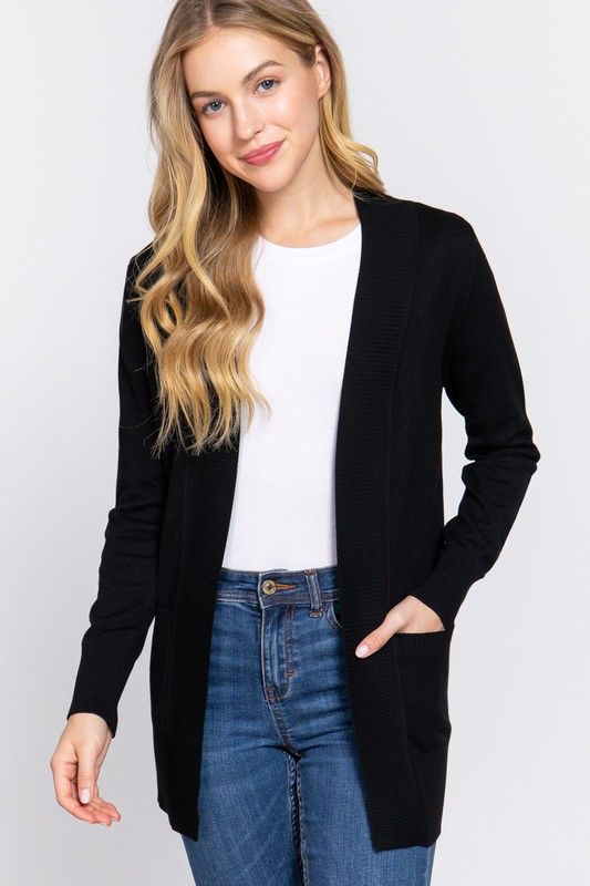 Active USA - Rib Banded Open Sweater Cardigan - SW1948, Color: BLACK, Size: S