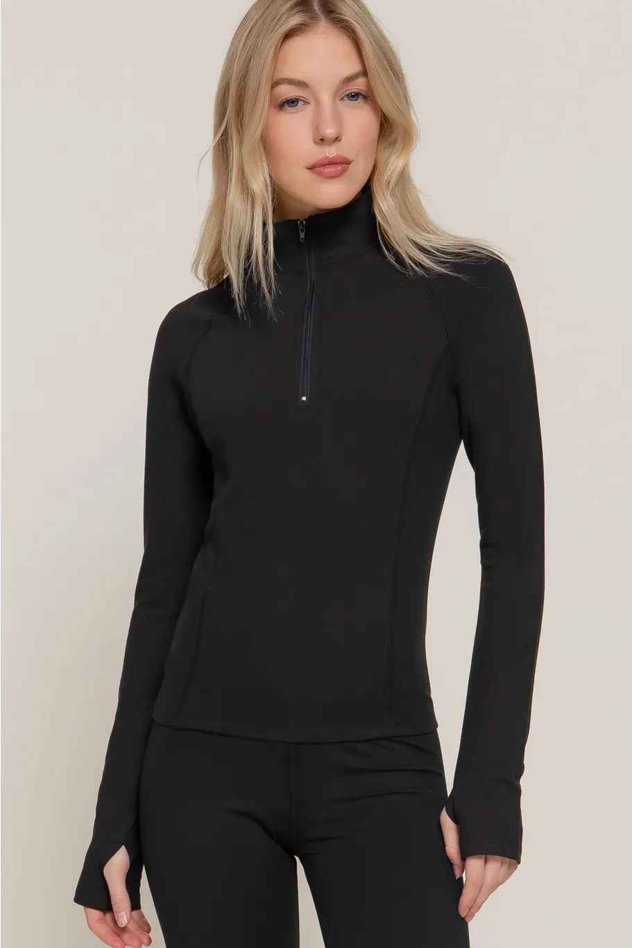 Active USA - Women&#39;s Long Sleeve Quarter Zip Workout Top - T14214, Color: BLACK, Size: S