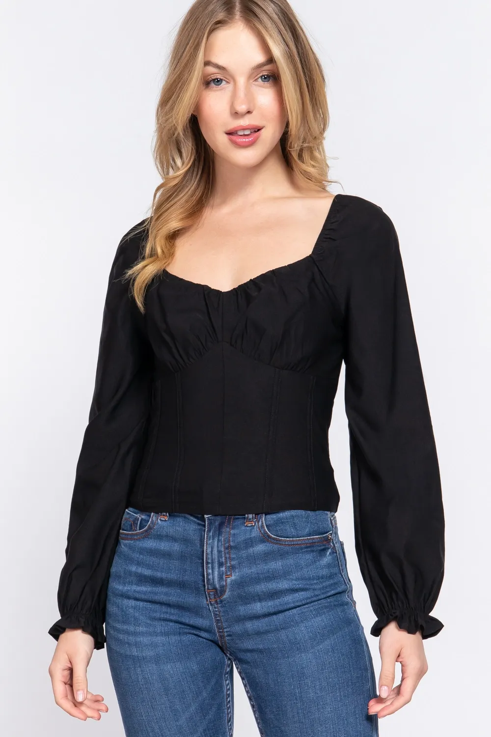 ACTIVE USA LONG SLV SWEETHEART NECKLINE STRETCH T13766, Color: BLACK, Size: S