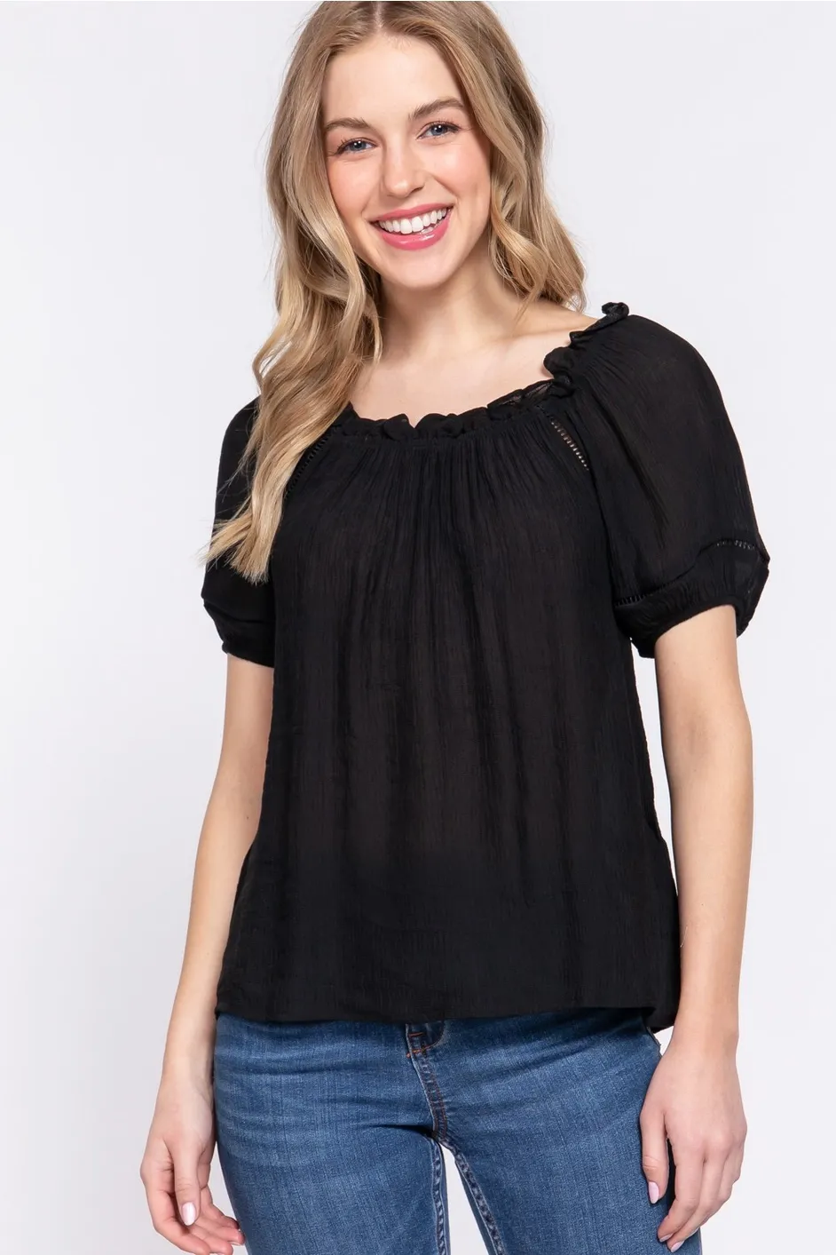 ACTIVE USA WOMEN PUFF SHORT SLV ROUND NECK LACE DETAIL SHIRT T13411