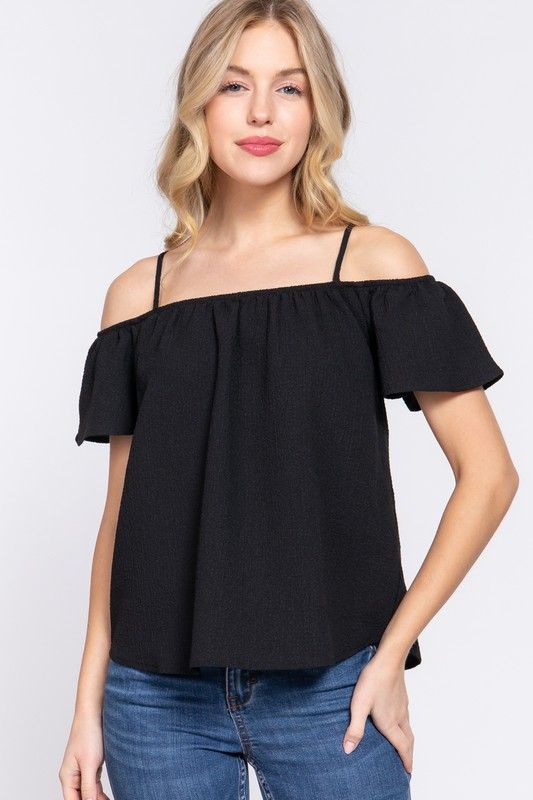 ACTIVE USA WOMEN  SHORT SLV COLD SHOULDER WOVEN TOP T13399, Color: BLACK, Size: S