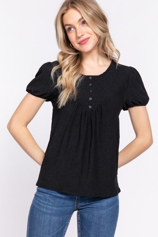 ACTIVE USA SHORT SLV ROUND NECK FRONT BUTTON &amp; SMOCKING T13568, Color: BLACK, Size: S