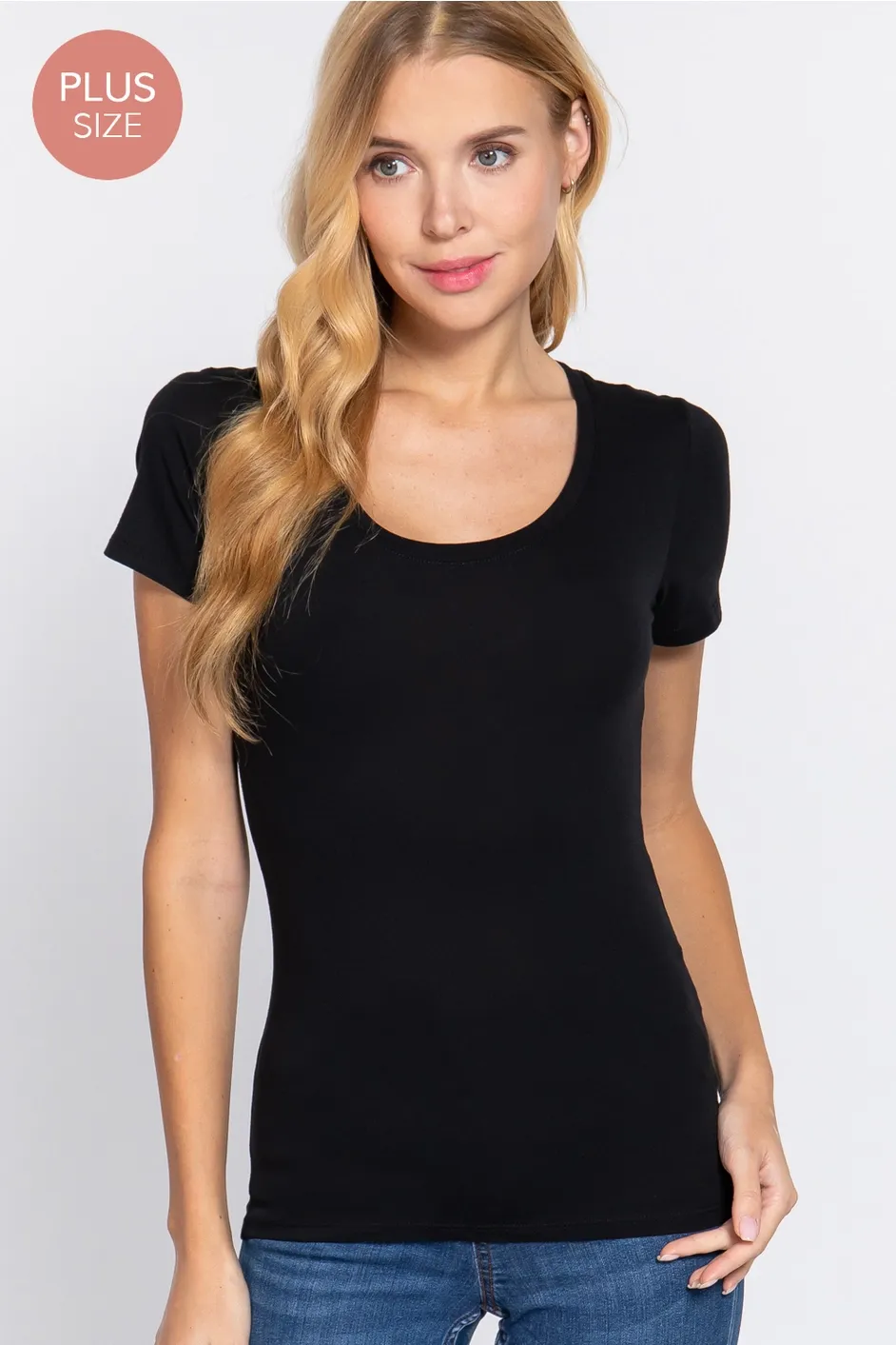 ACTIVE USA PLUS  SHORT SLV SCOOP NECK COTTON JERSEY TOP T7663