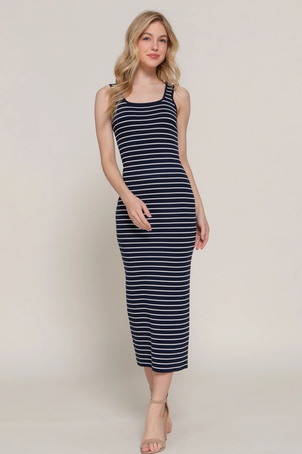 Active USA - Sleeveless Double Square Neck Stripe Midi Dress - D14336