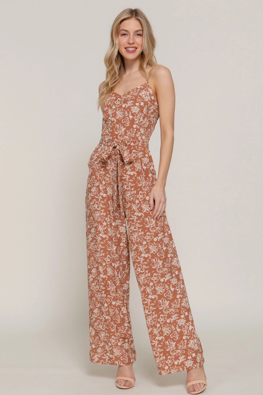Active USA - Adjustable Strap Print Cami Jumpsuit - P14266, Size: S, Color: KHAKI/IVORY