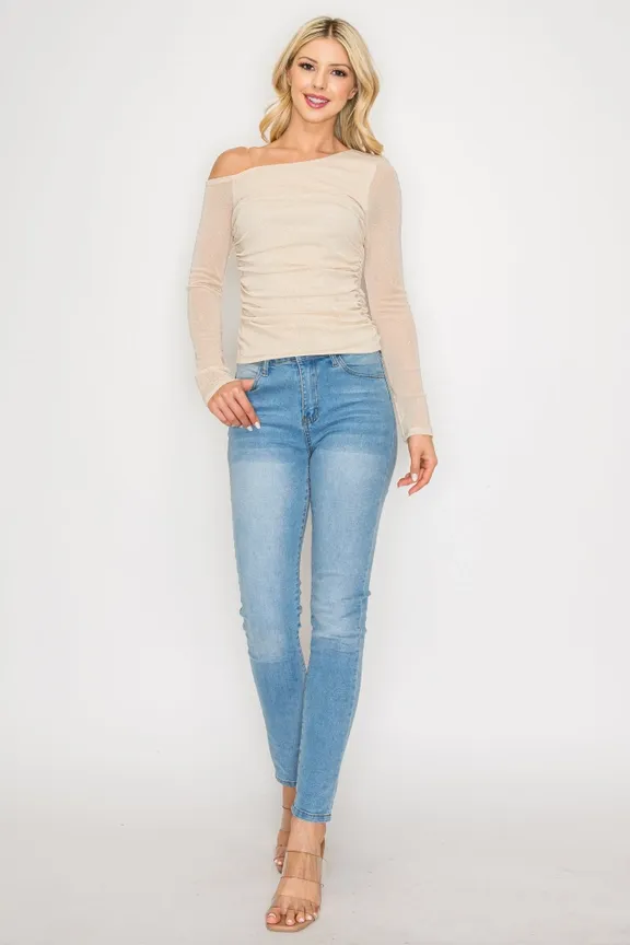 Ara USA  Women Off Shoulder Top Subtle Shimmer Style 6812, Size: S, Color: BEIGE