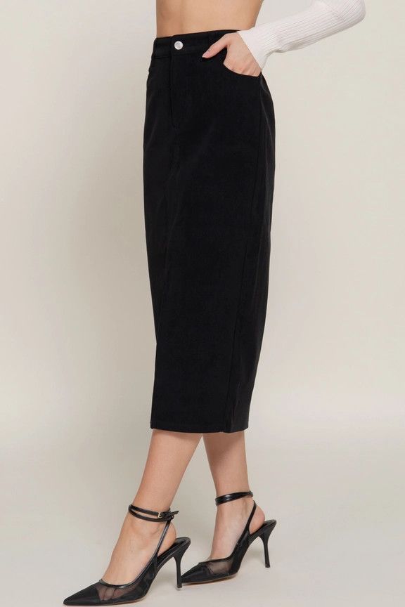Active USA - Waist Band Front Open Slit Corduroy Midi Skirt - S14150