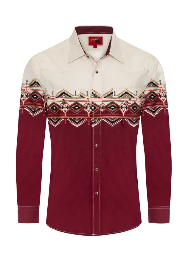 RODEO MENS WESTERN PEARL SNAP PRINT SHIRT PS100L, Size: S, Color: 1088/ BURGINDY