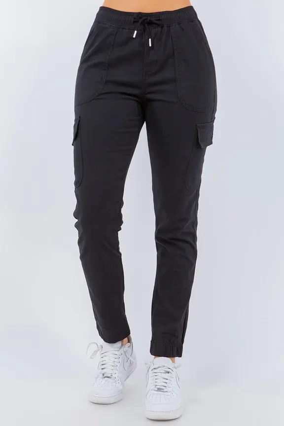 Cisono - Womens Stretch Twill Cargo Jogger Pants CV5032, Size: S, Color: BLACK