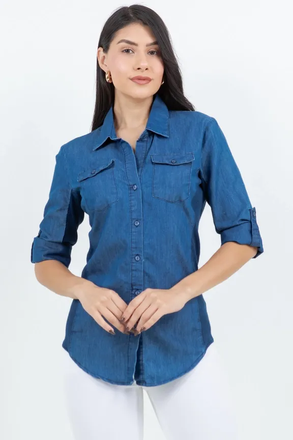 Women&#39;s  Button Down Strech Denim Shirt - TP168M