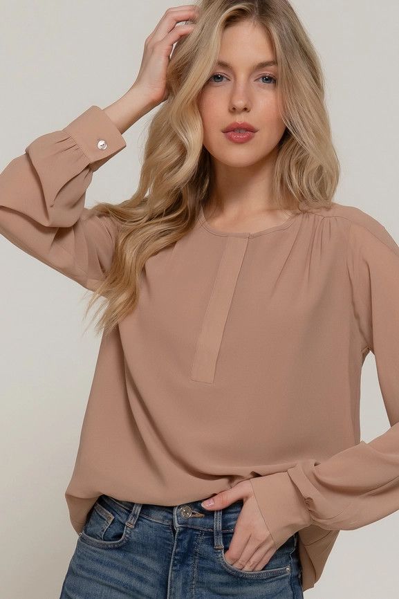 Active USA - Long Sleeve Round Neck with Hidden Placket Chiffon Blouse - T14541