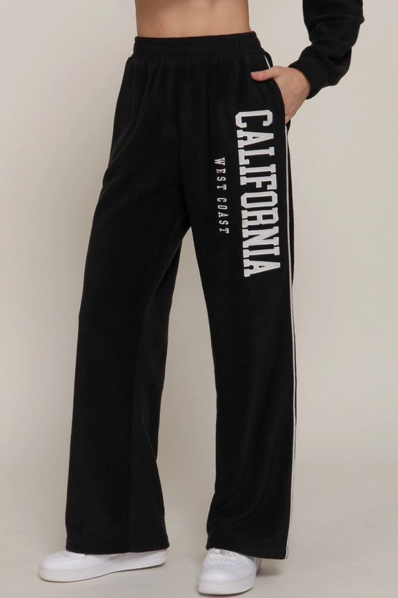 Active USA - Wide Leg Piping Detail Fleece Pants with Embroidery - P14719, Color: BLACK, Size: S