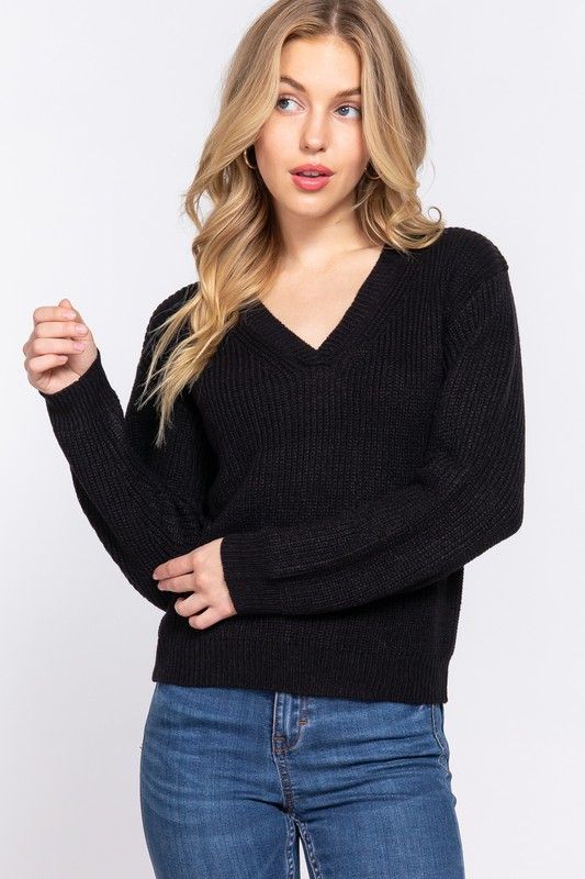 Active USA - Long Sleeve V-Neck Sweater - SW13683, Color: BLACK, Size: S