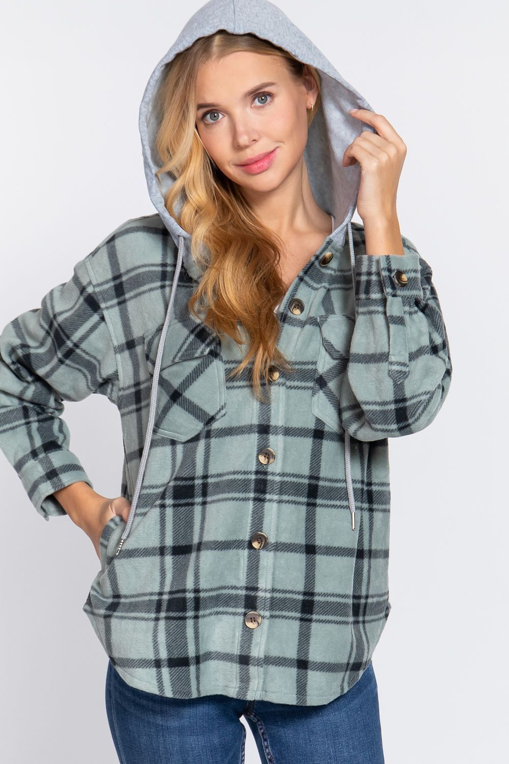Active USA - Plaid Print Hoodie Fleece Jacket - J13272, Color: DUSTY GRN/BK, Size: S