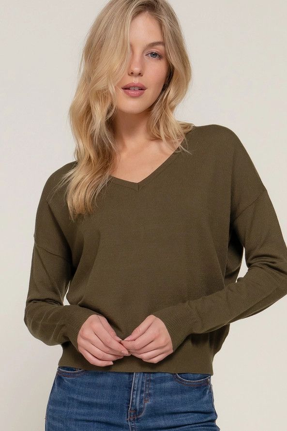 Active USA - Long Sleeve V-Neck Back Cross Strap Viscose Sweater - SW11905