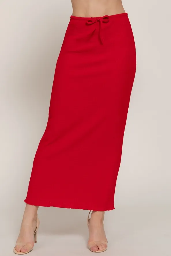 Active USA - Adjustable Drawstring Texture Knit Long Skirt - S14856, Color: RED, Size: S