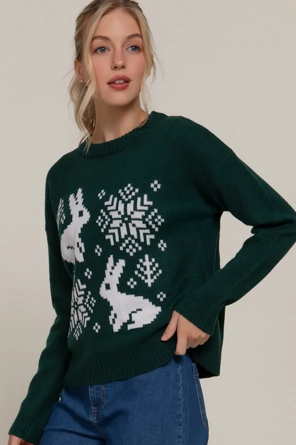 Active USA - Long Sleeve Round Neck Nordic Jacquard Sweater - SW14758, Color: D.GREEN/WHITE, Size: S