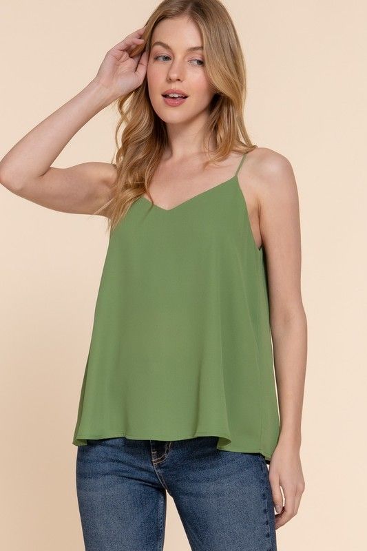 Active USA - V-Neck with Back Cross Strap Woven Cami Top - T11288, Color: GREEN, Size: S