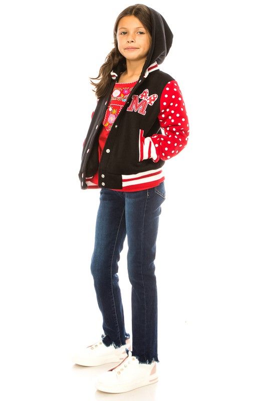 UNIK - Girls’ Polka Dot Varsity Fleece Hoodie Jacket - GJ16117, Color: RED, Size: S