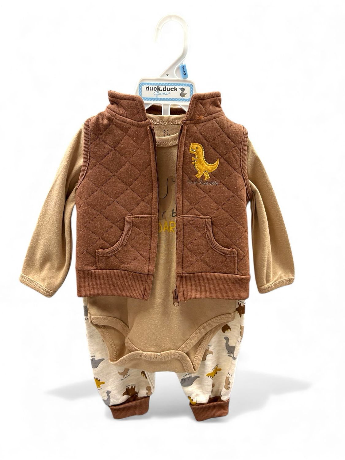 Duck Duck Goose - Boys Dino Vest, Quarter Onesie and Pants Set - D95627