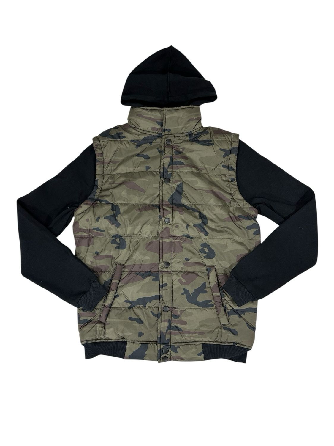 Burnside - Mens Nylon Vest With Fleece Sleeves - B8701, Color: BLK/CAMO/BK, Size: S