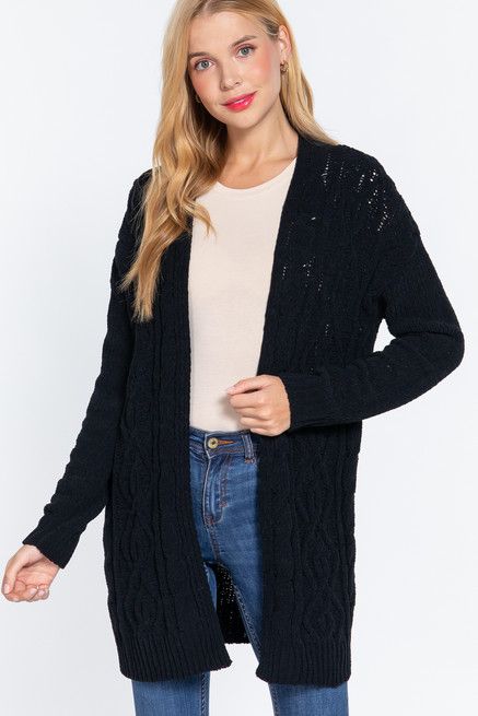 Active USA - Chenile Sweater Cardigan - SW11829, Color: BLACK, Size: S